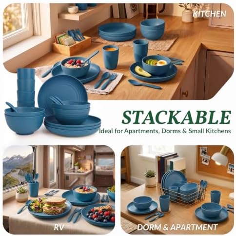 Wheat Straw Dinnerware Sets, Homienly 20pcs Unbreakable Microwave Dishwasher Safe Tableware Lightweight Bowls, Cups, Plates Set Reusable Dinner Plates Bowls set (Blue) - Image 6