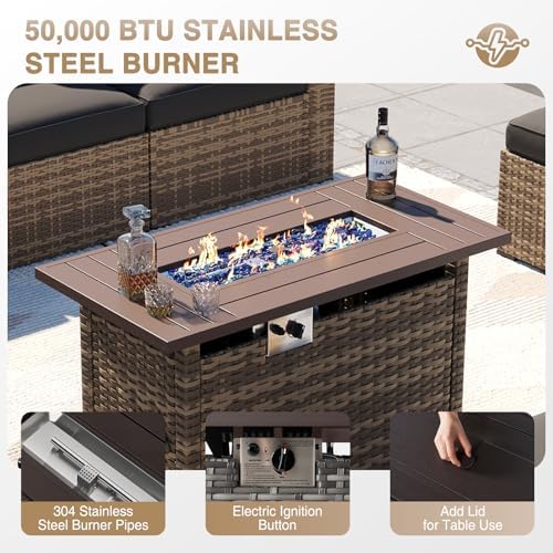 Aoxun Patio Furniture Sets, 8-Piece Outdoor Patio Furniture with 44'' Propane Gas Firepit Table, Wicker Outdoor Conversation Set Sectional Sofa for Backyard, Poolside, Garden (Black Cushion) - Image 3