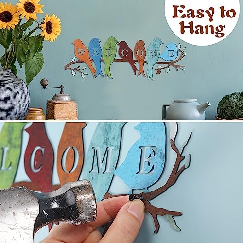 Peryiter Birds on Branch Welcome Sign Metal Wall Decor,Rustic Colors - Image 4