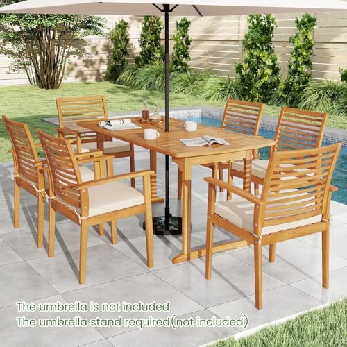 Tangkula 7 Piece Patio Acacia Wood Dining Set for 6, Patio Rectangle Table with Umbrella Hole & 6 Cushioned Armchairs, for Backyard Garden Poolside Deck, Natural - Image 2