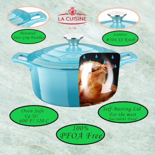 La Cuisine Enameled Cast Iron Dutch Oven Casserole Pot with Lid, Internal Matte Black Enamel Coating for bread baking 5 QT 10.5" / 26cm Ø, For GalssTop Stove, Oven-Safe, Teal - Image 2