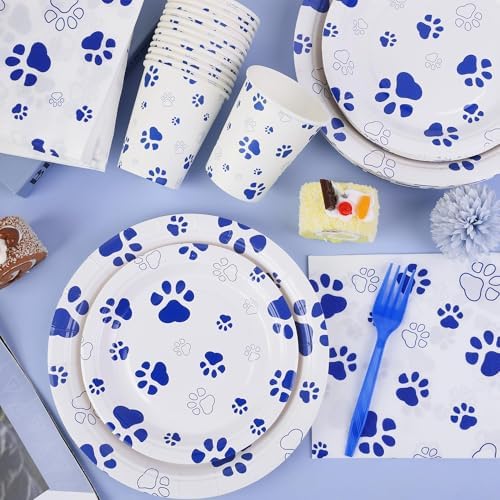 Kochorie 144 Pieces Blue Paw Print Party Tableware Sets Including Disposable Plates Napkins Cups Forks Serves 24 for Dog Puppy Theme Party Supplies - Image 4