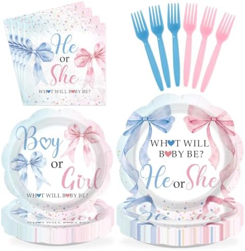 96Pcs Pink Blue Bow Gender Reveal Party Decorations, Serves 24 by Greencian