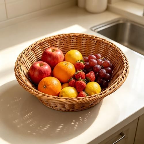 RT&BS Round Wicker Bread Basket, Round Wicker Fruit Basket, Woven Egg Baskets, Reusable Handwoven Storage Baskets for Living Room, Kitchen, Store, Restaurant, Outdoor, Party (Brown, S) - Image 4