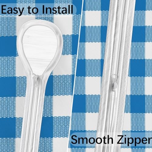 Fitted Round Tablecloth with Umbrella Hole and Zipper Buffalo Plaid Outdoor Elastic Table Cloth 36"-44" Oil-Proof Waterproof Moroccan Patio Table Cover for Dining Picnic Party, Blue and White - Image 3