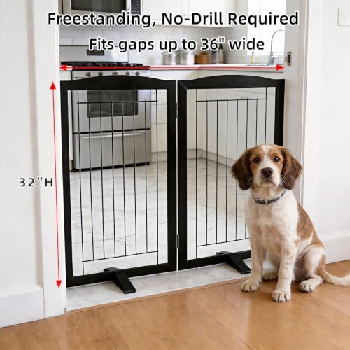 ZJSF Freestanding Dog Fence Indoor, Foldable Dog Gate for Doorways, Stairs or Hallways, Sturdy Wood Extra Wide Pet Gate with Support Feet for The House, Black, 32 "Height-2 Panels - Image 2
