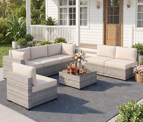 LOUVIXA 7 Piece Outdoor Patio Furniture Set, Outdoor Sectional Sofa, Wicker Rattan Patio Furniture, Patio Conversation Set with Coffee Table & Cushions - Image 7