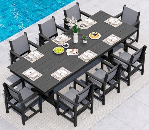 SERWALL 9Pcs HDPE Outdoor Dining Set for 8 with Sling Chairs,Black/Gray by SERWALL
