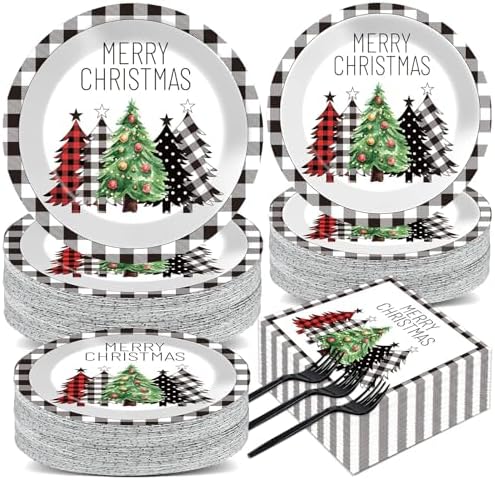 200Pcs Buffalo Plaid Christmas Tree Party Plates Napkins Christmas Black White Buffalo Plaid Theme Tableware Set for Xmas Holiday Decoration Dessert Plates Serve 50 Guests for Birthday Party Supplies by CHUNNIN