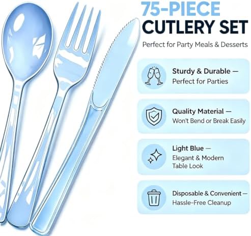 75 Pack Light Blue Heavy Duty Plastic Silverware Set, Disposable Knives, Forks & Spoons, 25 Sets for Birthday, Baby Shower, Camping, Picnic & Party - Image 5