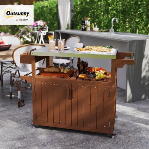 Outsunny Outdoor Bar Cart with Storage Cabinet Kitchen Island Brown - Image 2