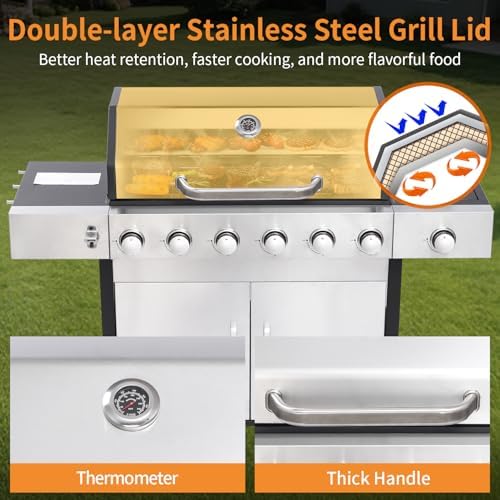 6 Burner Propane Gas Grill with Side Burner, Cast Iron Grates & Griddle Combo, Large Cabinet BBQ with Warming Rack for Backyard Patio, 620 SQ. IN. Cooking Area - Image 3