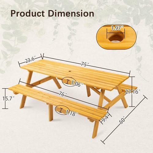75'' Rectangular Outdoor Dining Table Wooden Patio Dining Table & 2 Built-in Bench for 8, 2" Umbrella Hole, Suitable for Backyard Garden Porch, Natural - Image 2