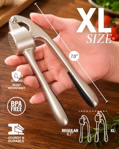 Zulay Kitchen Metal Large Garlic Press, Garlic Mincer, Peeler-Brush, Silver - Image 2