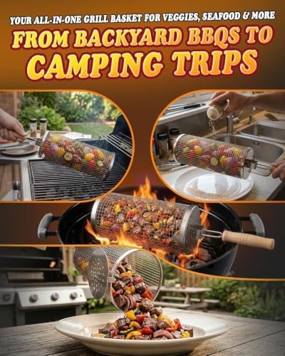 Rolling Grill Baskets, Removable Wooden Handle, Nesting BBQ Tools - Image 3