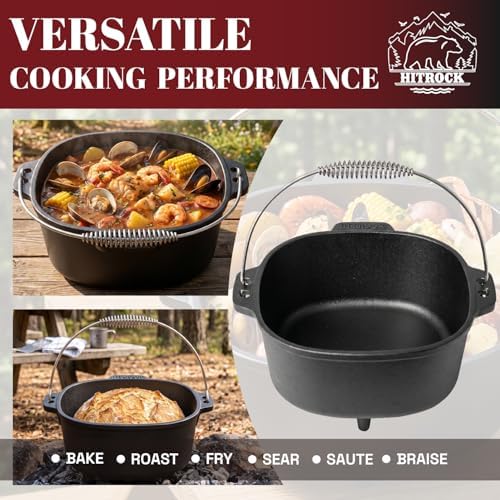 HITROCK Cast Iron Camp Dutch Oven with Legs 5QT, Pre-Seasoned Camping Dutch Oven with Lid,Outdoor Pot with Lid Lifter, Storage Bag & Handle for Camping, Baking, Grilling, Rounded-square Shape - Image 5