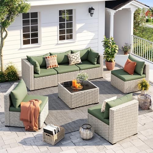 UDPATIO Outdoor Patio Furniture Set 7 Pcs Wicker Sectional Sofa Grass Green by UDPATIO