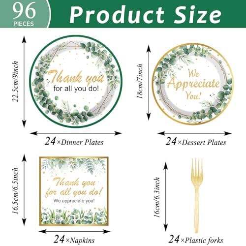Thank You Party Plates Napkins We Appreciate You Tableware Set Green Eucalyptus Leaf Dinnerware Employee Appreciation Disposable Plate Fork for Teachers Doctors Nurses Staff Graduate Supplies Serve 24 - Image 2