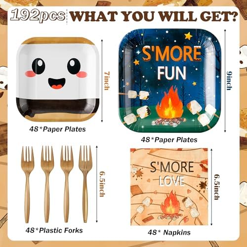 S’Mores Camping Party Plates Supplies - Serves 48-192Pcs S’More Love Fun Campfire Party Tableware Decorations Disposable Paper Plates Napkins Forks Birthday Baby Shower - Image 2