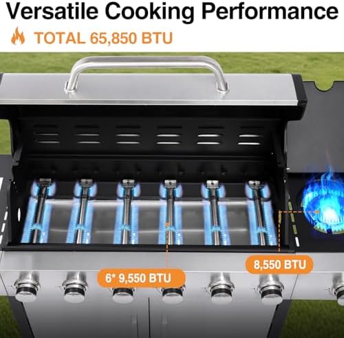 6 Burner Propane Gas Grill with Side Burner, Cast Iron Grates & Griddle Combo, Large Cabinet BBQ with Warming Rack for Backyard Patio, 620 SQ. IN. Cooking Area - Image 6