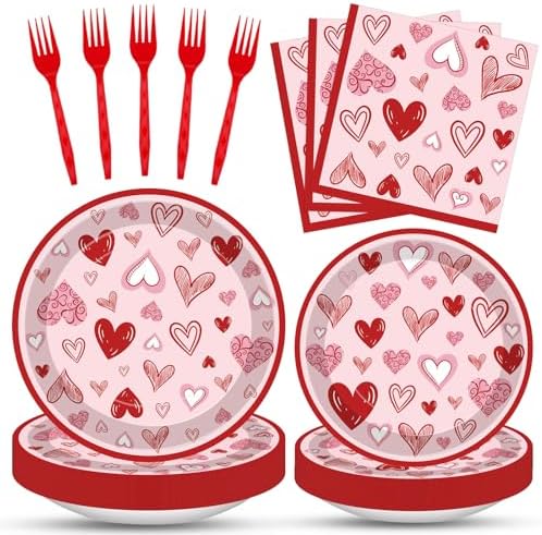 100 Pcs Valentine’s Day Heart Tableware Party Supplies Set, Serves 25 – Disposable Pink & Red Heart Paper Plates, Napkins, and Forks for Romantic Dinner, Bridal Shower, Love-Themed Party Decorations by Merriva