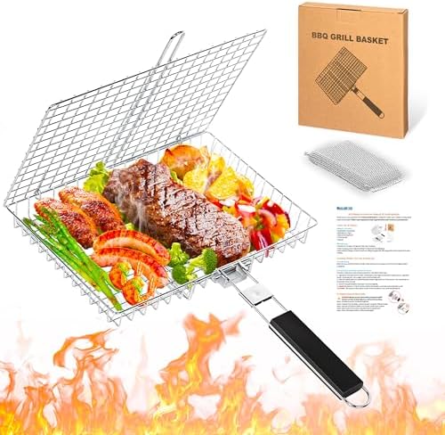 Large Stainless Steel Grilling Basket with Removable Handle – Deep Fish & Vegetable Grill Basket for Outdoor BBQ, Heavy Duty Non-Stick Basket for Gas/Charcoal Grill, Easy to Clean – Gifts for Dad by Unknown