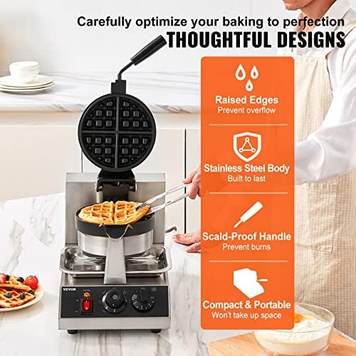 VEVOR Commercial Waffle Maker, 1300W Round Waffle Iron, Non-Stick Rotatable Waffle Baker Machine With 122-572℉ Temp Range and Time Control, Teflon-Coated Baking Pan Stainless Steel Body 110V - Image 5