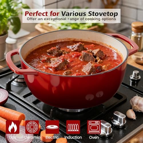 Umite Chef 6QT Enameled Cast Iron Dutch Oven with Lid, Versatile Heavy-Duty Cookware Pot for Baking Bread, Braising, Soups & Stews, Oven & Stovetop Safe with Heat Resistant Gloves（Red） - Image 2