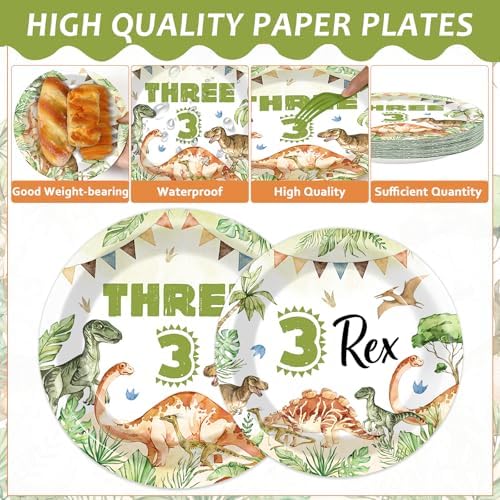 96PCS Dinosaur 3rd Birthday Party Paper Plates and Napkins and Forks Set Watercolor Dino Rex Tableware Set Three Rex Theme Dinnerware Paper Plates for Kids Birthday Gatherings Decorations - Image 3
