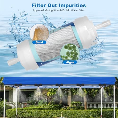 50ft/15M Misters for Outside Patio with Water Filter Misting Systems Pre-Assembled 15 Brass Mist Nozzles, Installation-Free Outdoor Misting Cooling System for Garden Waterpark Greenhouse - Image 2