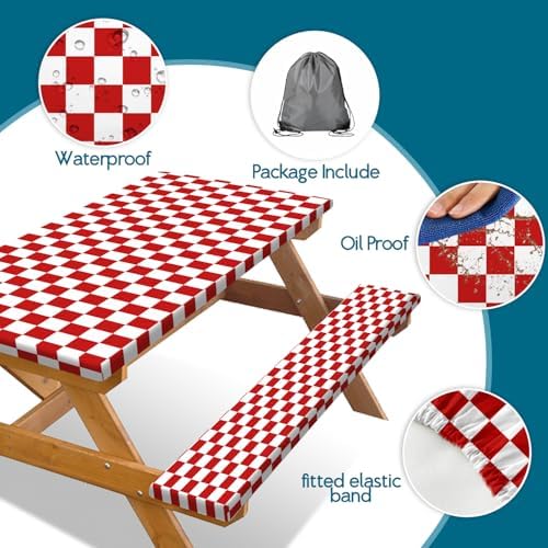 Picnic Table Cover with Bench Covers and Bag, Red and White Checkered Gingham Buffalo Plaid Camping Tablecloth Waterproof Windproof Elastic Edges Fitted Tablecloths for Outdoor Garden 3PCS 30x72 Inch - Image 4