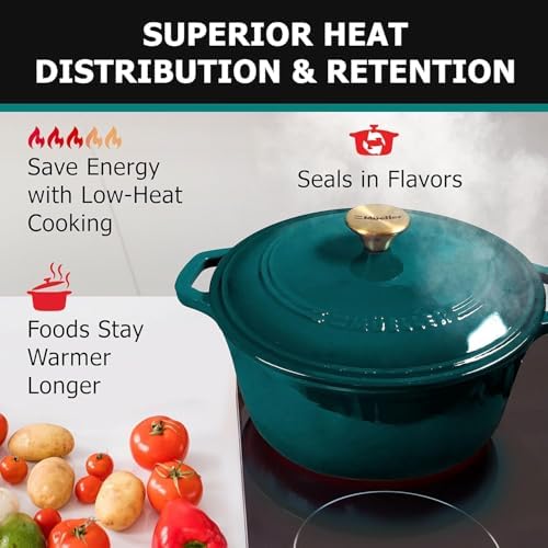 MUELLER HOME 4.5 QT Enameled Cast Iron Dutch Oven, Heavy-Duty Casserole Dish and Braiser Pan with Lid, Oven-Safe up to 500° F & Across All Cooktops, Housewarming Gifts New Home, Emerald - Image 3