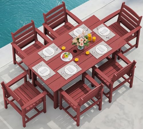 SERWALL 7 Pcs Outdoor Dining Set, 67" HDPE Dining Set for 6, Red by SERWALL