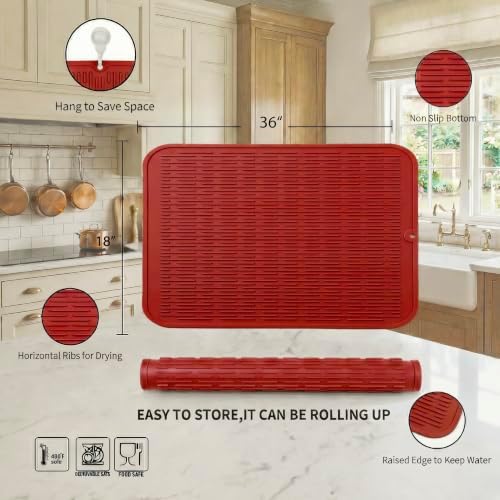 MicoYang Silicone Dish Drying Mat for Multiple Usage,Easy clean,Eco-friendly,Heat-resistant Silicone Mat for Kitchen Counter or Sink,Refrigerator or Drawer Liner Red 5XL 36inches x 18inches - Image 2