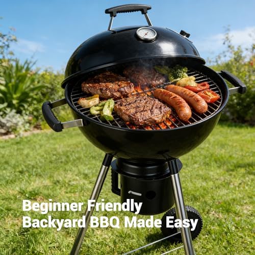 18-Inch Kettle Charcoal Grill with Lid, Porcelain-Enameled BBQ Grill with Built-in Thermometer, Adjustable Air Vents, Removable Ash Catcher, Wheels for Backyard BBQ, Patio & Outdoor Cooking - Image 4
