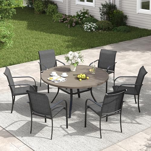 VICLLAX Patio Dining Set for 6, 7 Pieces Outdoor Furniture Set- 47" Round Patio Table and 6 Patio Chairs, Grey Wood Grain Tabletop and Grey Fabric by HOME