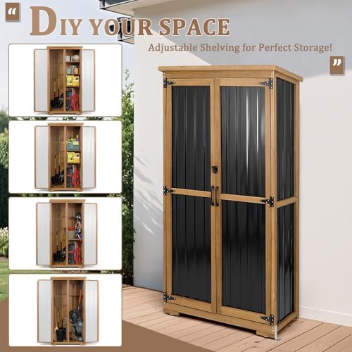 Outdoor Storage Cabinet, Wood & Metal Storage Shed with Weather-Resistant Roof, Removable Shelves, Lockable Doors, Outside Storage Tool Organizer for Garden, Patio, Backyard, Garage, Pool - Image 5