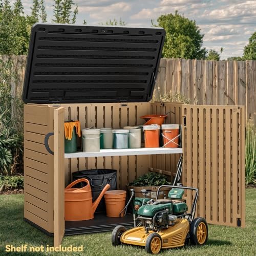 DWVO Outdoor Storage Shed, Weatherproof Resin, 35 Cu Ft Capacity, Horizontal Design, X-Shaped Lockable Door, Suitable for Bike, Garden Tools, Trash Cans, Brown - Image 4