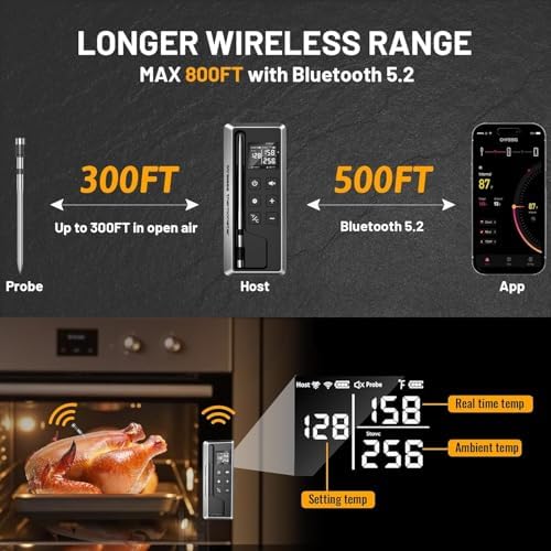 Wireless Meat Thermometer with Smart Timer & APP Control, 800ft Bluetooth Grill Food Thermometer - 0.19In-Ultra Thin Probe, ±0.5℉ Accuracy, Digital Backlit Screen for BBQ, Oven, Smoker, Kitchen - Image 3