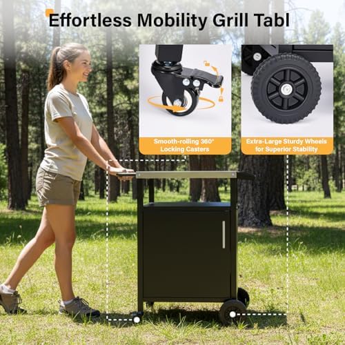 VINGLI Outdoor Grill Table Cart with Cabinet, Stainless Steel Movable Kitchen Island with Large Storage Cabinet, Multifunction Food Prep Table with Bottle Opener and Seasoning Tray, for Patio, Home - Image 4
