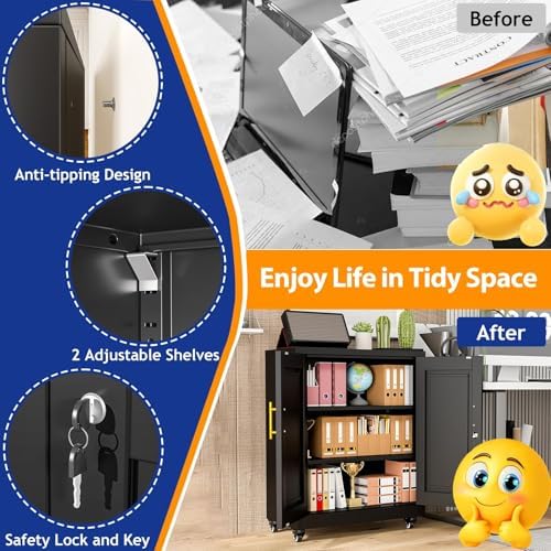 GAIOUS 35'' Tall Metal Storage Cabinet with Lock and Wheels, Steel Office Cabinet with 2 Door and 2 Adjustable Shelves, Lockable File Cabinet, Garage Cabinet, Rolling Cabinet for Home Office, Black - Image 5