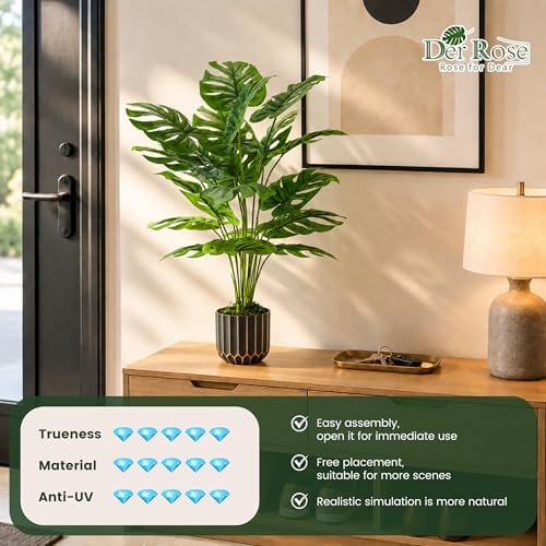 Der Rose 28" Fake Plants, Monstera Plant in Black Gold Pot for Home Decor - Image 5