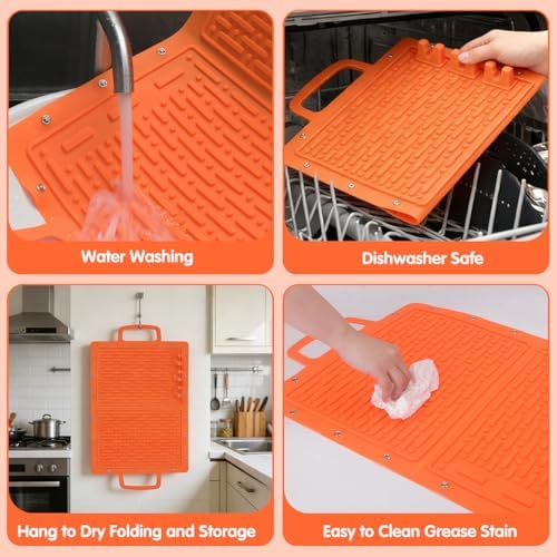 LIONROGE Large Silicone Grill Mat, Foldable Silicone Griddle Tools Spatula Mat with Drip Pad & Handle & Snap Buttons, Portable BBQ Side Shelf Mats Grill Pad for Blackstone Griddles Accessories,Orange - Image 4