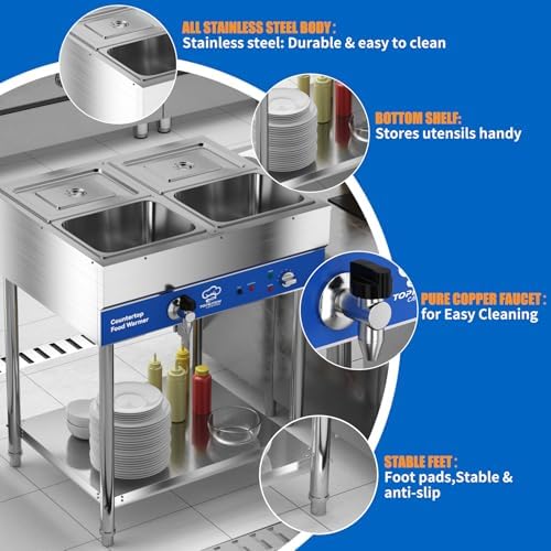 TOPKITCH ETL Listed 4-Pan Commercial Food Warmer, Electric Steam Table, 120V 1700W Stainless Steel Buffet Catering Food Warmer with Undershelf and Workspace, for Buffet,Parties and Restaurants. - Image 5