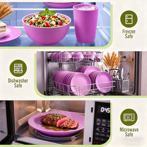 Wheat Straw Dinnerware Set 40 PCS | Service for 8 | Unbreakable Plates and Bowls Sets Plastic Reusable Dishes Sets Dinner Plates, Cereal Bowls, Water Cups Kitchen Set for Home RV- Pink - Image 6