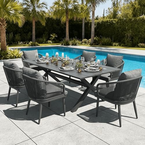 LayinSun 7 Pieces Outdoor Patio Dining Set, Aluminium Rectangular Dining Table and Wicker Rattan Chairs Set for Outside Backyard, Poolside by LayinSun