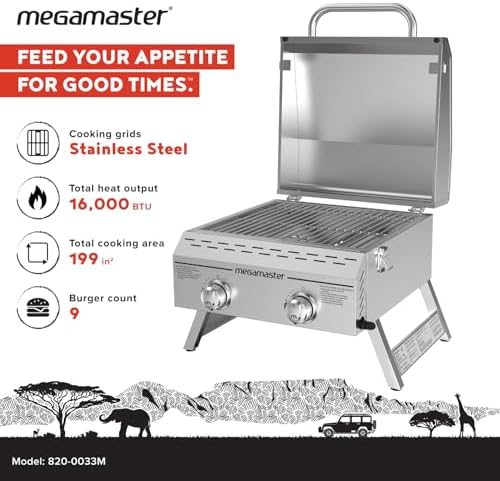 Megamaster Tabletop 2 Burner Gas Grill, Stainless Steel with Foldable Legs - Image 2