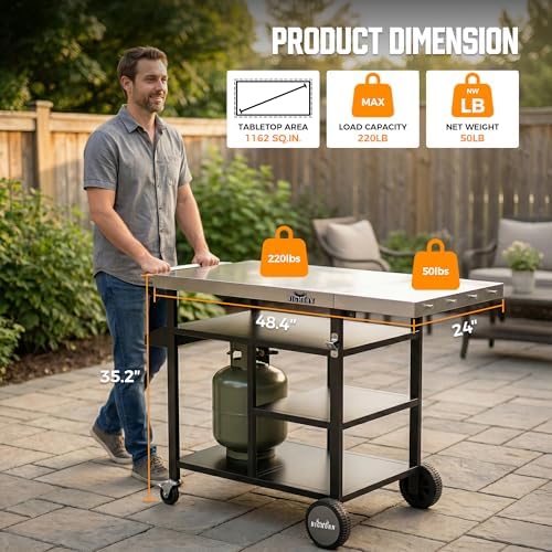 BIG HORN OUTDOORS Grill Cart, Stainless Steel Outdoor Grill Table for Infrared Grill, Pizza Oven Stand Compatible with Big Horn, Ninja, Ooni Pizza Ovens, Outdoor Cooking Table, 48.4"L x 24"W x 35.2"H - Image 2