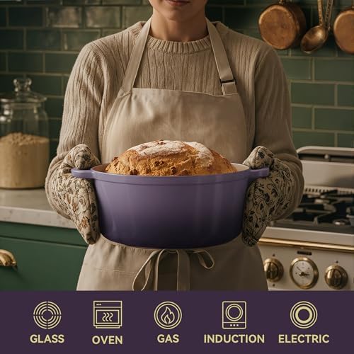 Vintage Style Oval Dutch Oven for Bread Baking, 4.5 Quart Non Stick Enameled Cast Iron Dutch Oven Pot with Lid, Oven Safe Oval Casserole with Lid up to 500°F for Baking, Braising, Stews, Roasting, Purple - Image 5