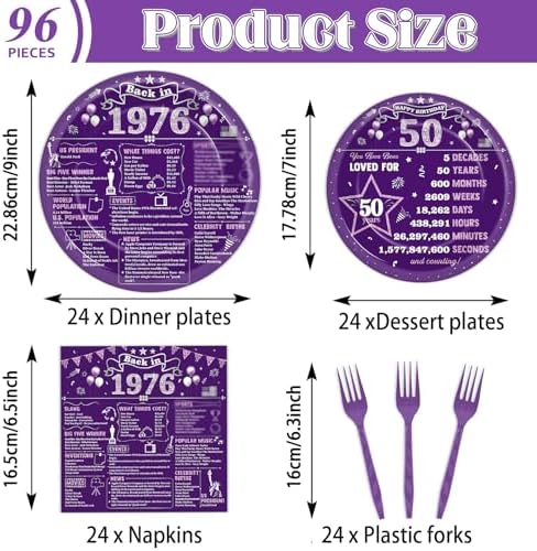 96PCS 50th Birthday Party Paper Plates and Napkins Set for Retro 50 Years Old Party Purple Paper Plates Disposable Decor Back in 1976 Parties Set for Kids Birthday Gatherings Decorations - Image 2